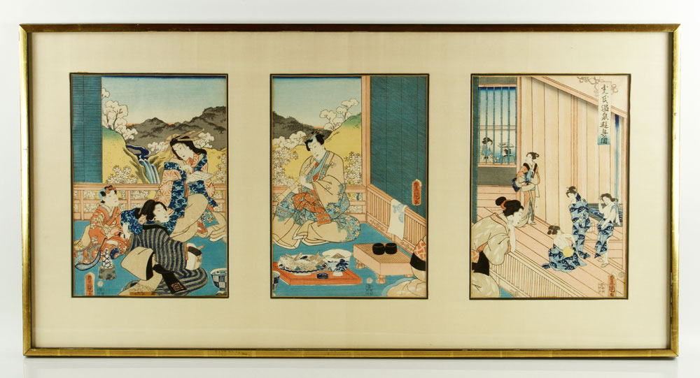 Appraisal: - Attr Hiroshal Triptych Woodblock Print Attributed to Hiroshal triptych