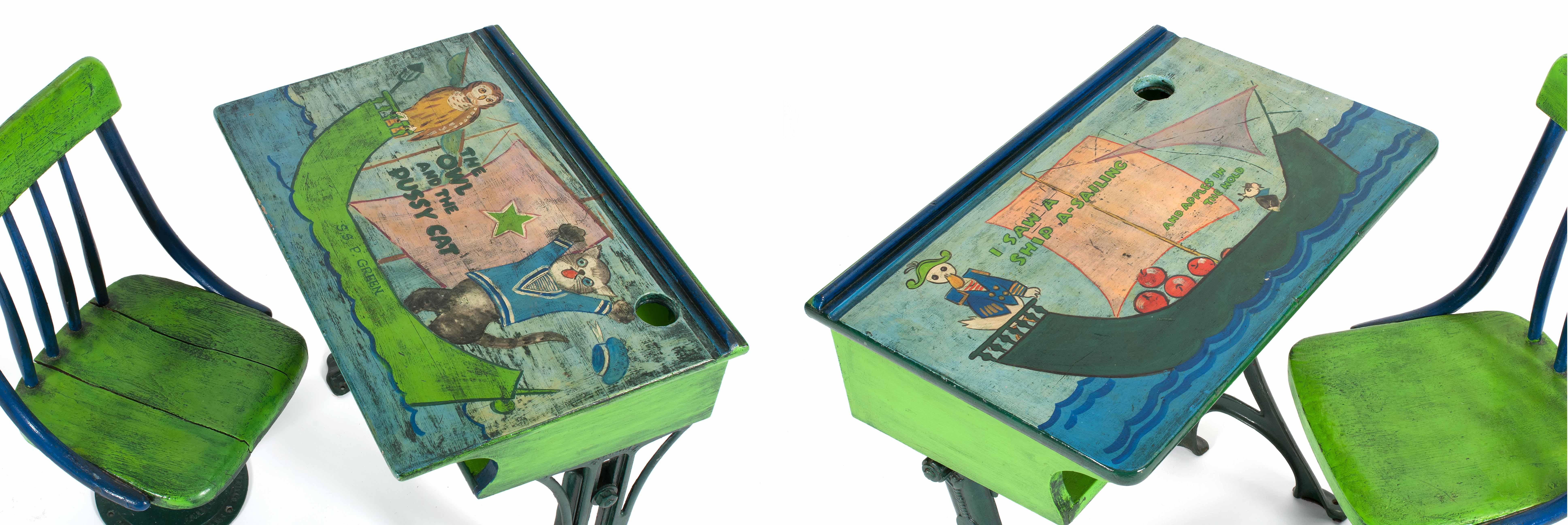 Appraisal: TWO CHILD'S SLANT-LID SCHOOL DESKS WITH PAINTED DECORATION th CenturyDecorated