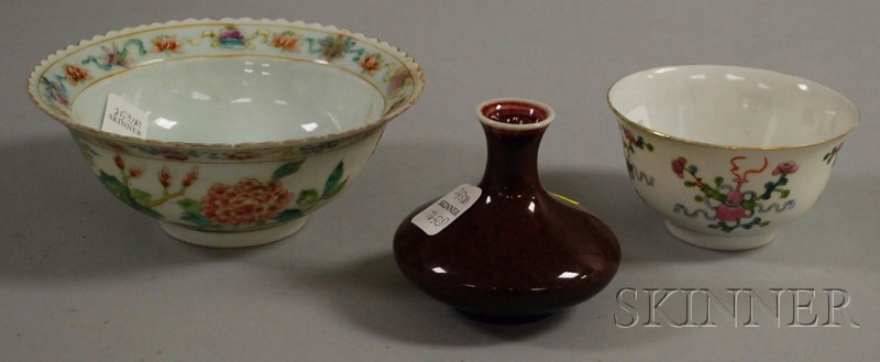 Appraisal: Three Asian Porcelain Table Items a scalloped-edge floral-decorated bowl dia