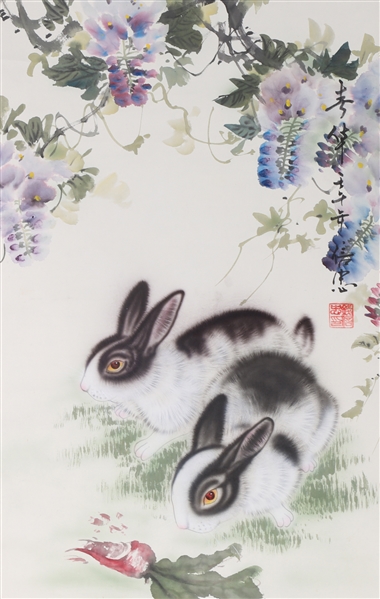 Appraisal: Chinese ink and color on paper painting of rabbits and