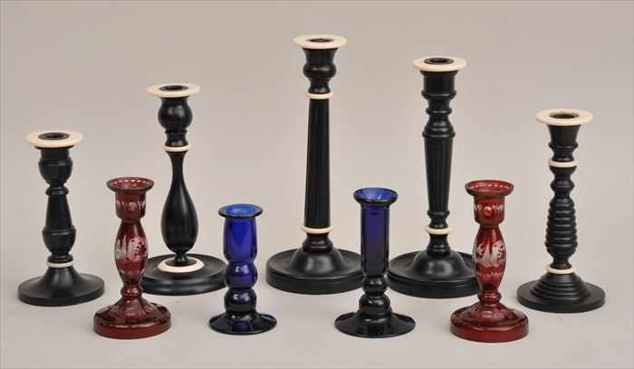 Appraisal: FIVE ASSORTED FAUX EBONY AND IVORY TURNED CANDLESTICKS Labeled Two's