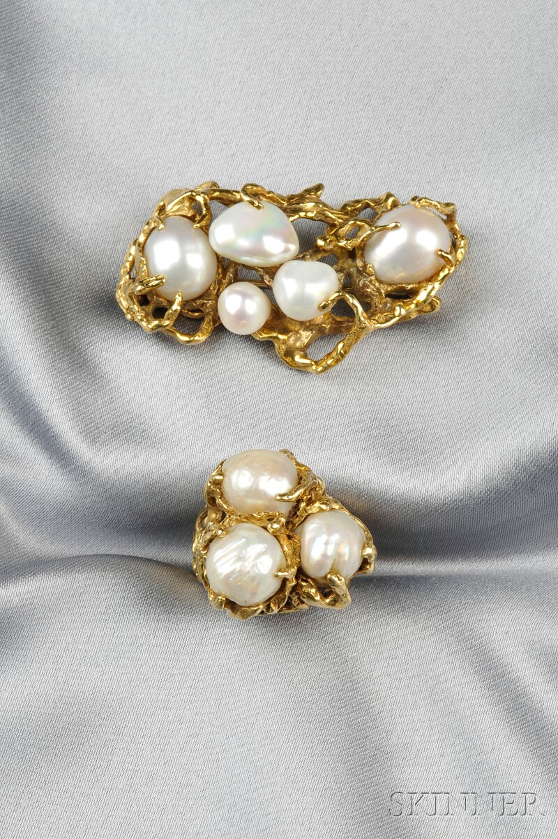 Appraisal: kt Gold and Baroque Pearl Brooch and Ring Arthur King