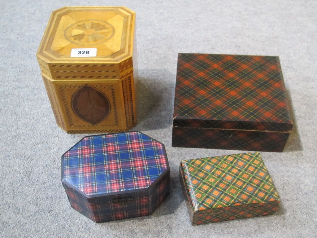 Appraisal: A lot comprising three Tartanware boxes and an inlaid tea