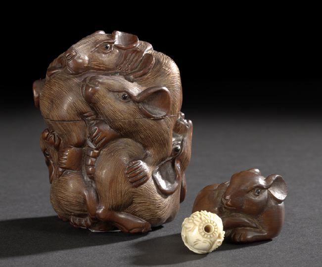 Appraisal: Unusual Japanese Carved Wood Inro and Netsuke with Ivory Ojimi