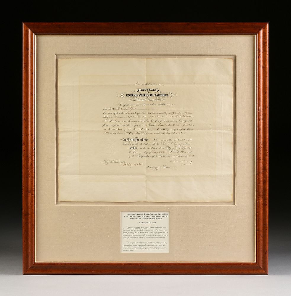 Appraisal: AN ANTIQUE AMBASSADORIAL DOCUMENT SIGNED BY PRESIDENT GROVER CLEVELAND RECOGNIZING