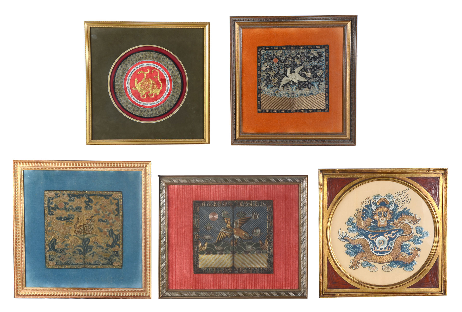 Appraisal: PC CHINESE FRAMED EMBROIDERIES Comprising - Gold Dragon amongst stylized