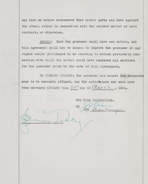 Appraisal: SPENCER TRACY Typed letter signed by Tracy terminating his contract