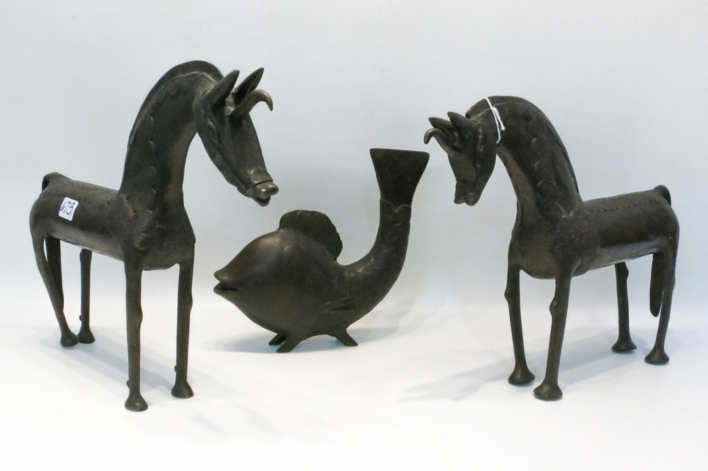 Appraisal: THREE AFRICAN BRONZE FIGURAL SCULPTURES comprised of two unicorns and