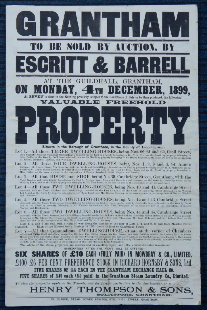 Appraisal: A late thC Lincolnshire related property auction poster for Grantham