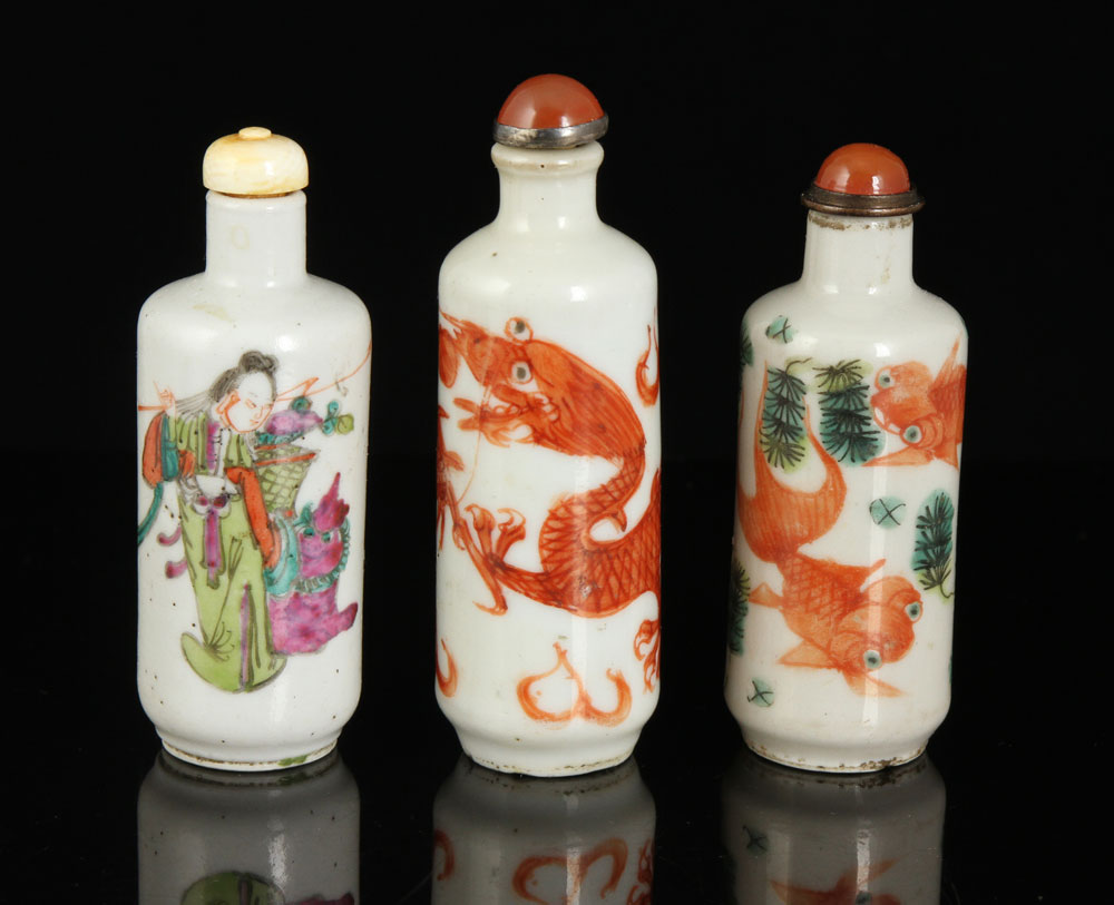 Appraisal: - Three Chinese Porcelain Snuff Bottles Three porcelain snuff bottles