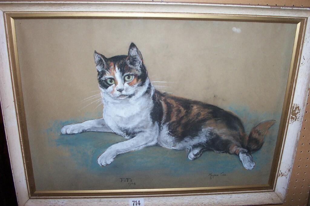 Appraisal: A pastel study of a tortoishell and white cat Fifi