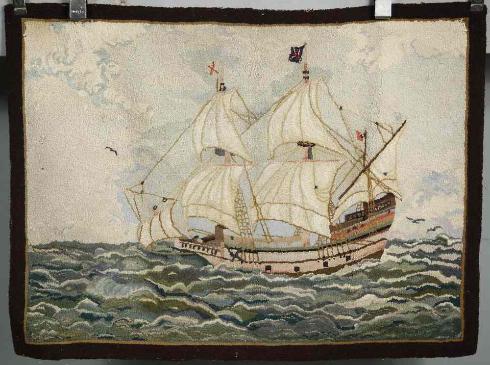 Appraisal: HOOKED RUG - Pictorial hooked rug of sailing ship by