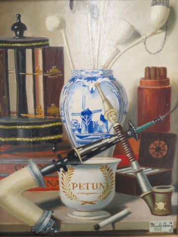 Appraisal: Charles Cerny oil still lifewith smoking items on canvas image