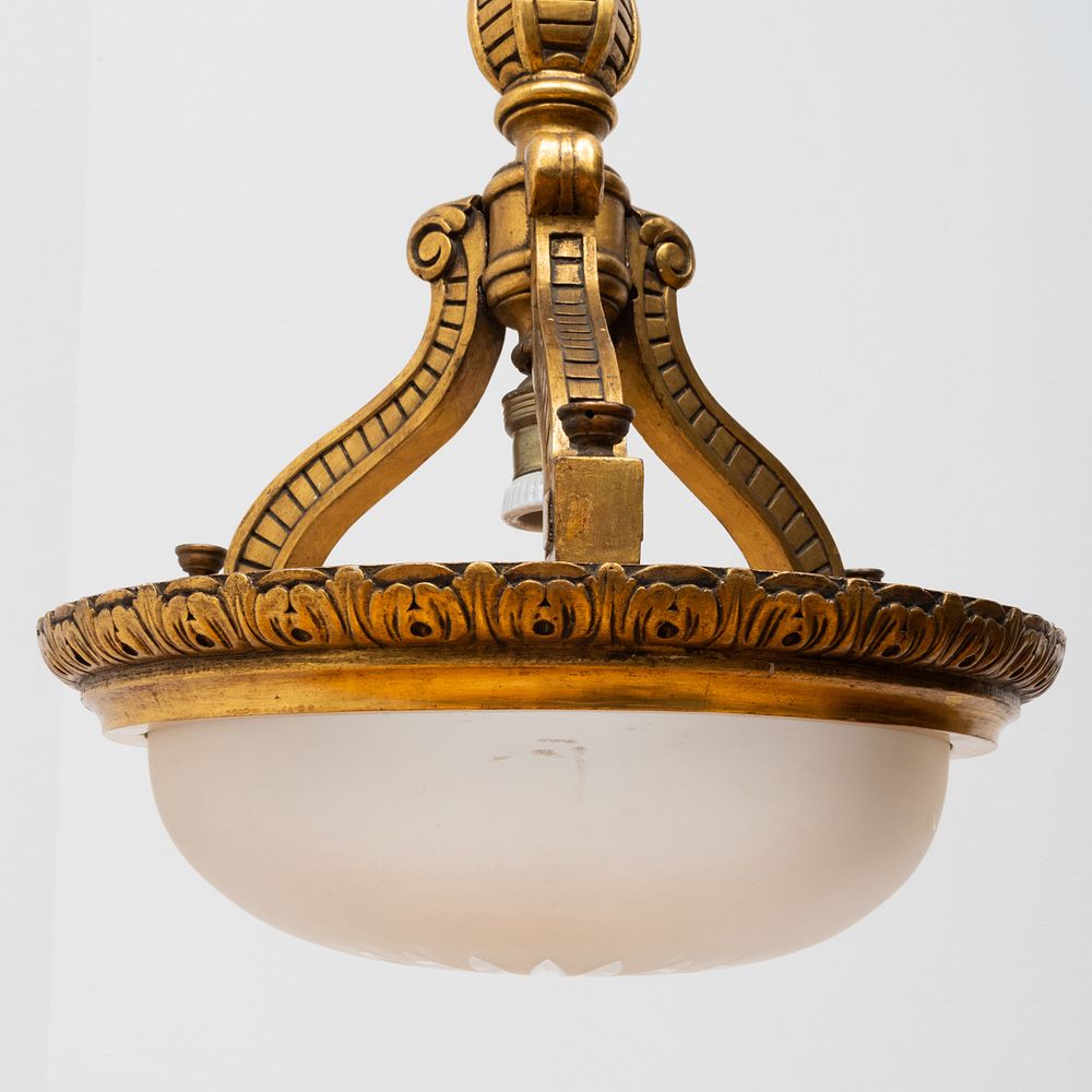 Appraisal: Giltwood-Mounted Glass Drop Ceiling Fixture Possibly Caldwell Fitted with a