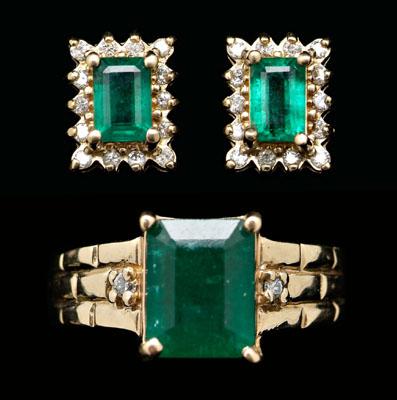 Appraisal: Emerald diamond ring and earrings ring set with emerald-cut emerald