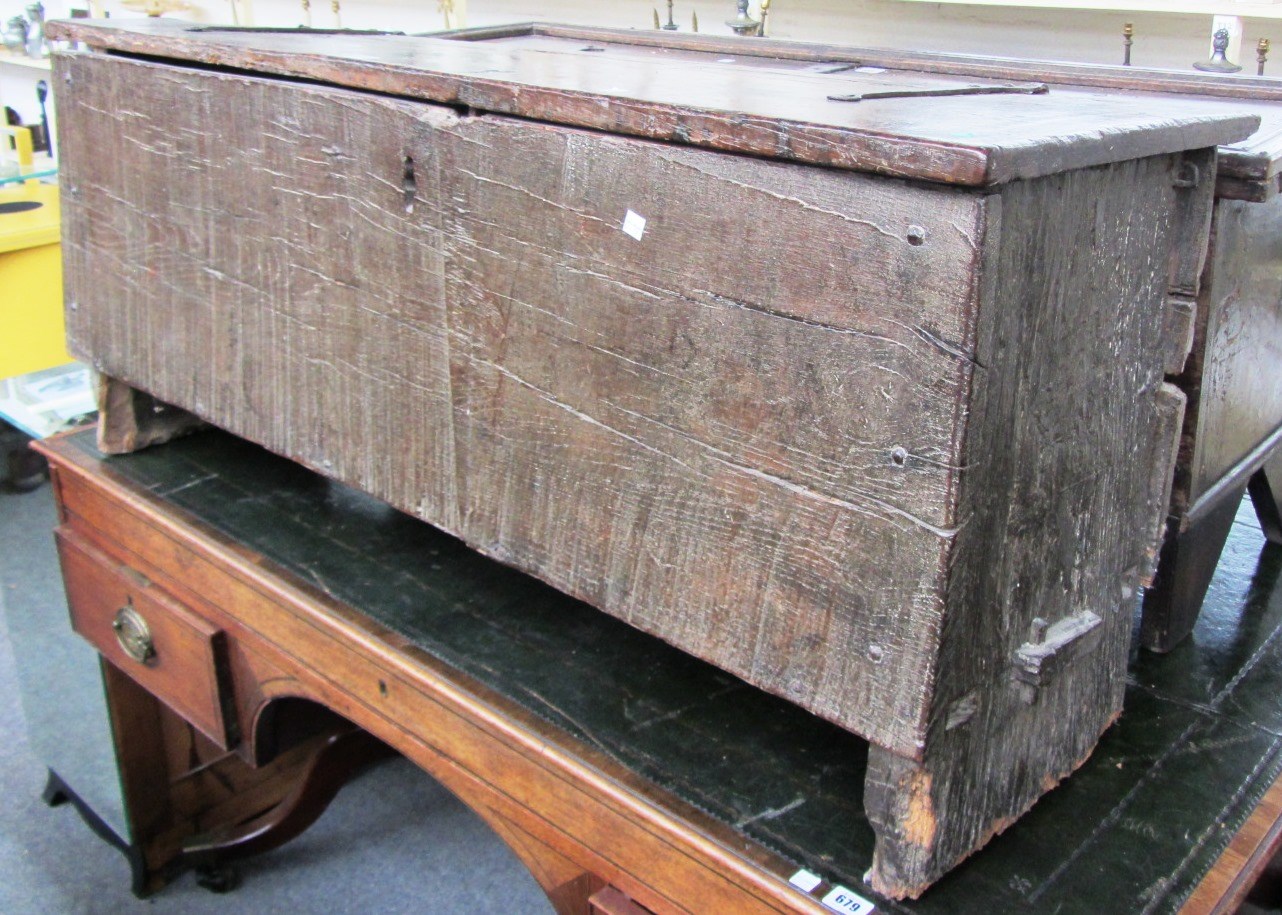 Appraisal: A th century oak coffer of plank construction on slab