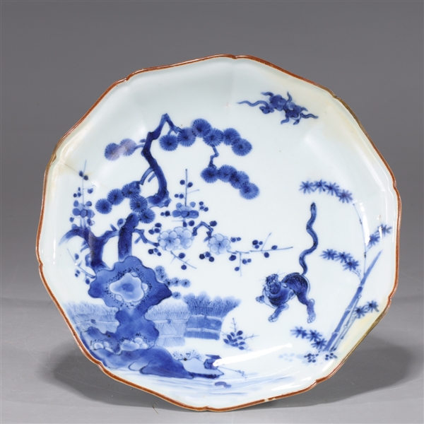 Appraisal: Antique Chinese blue and white porcelain dish depicting tiger beneath