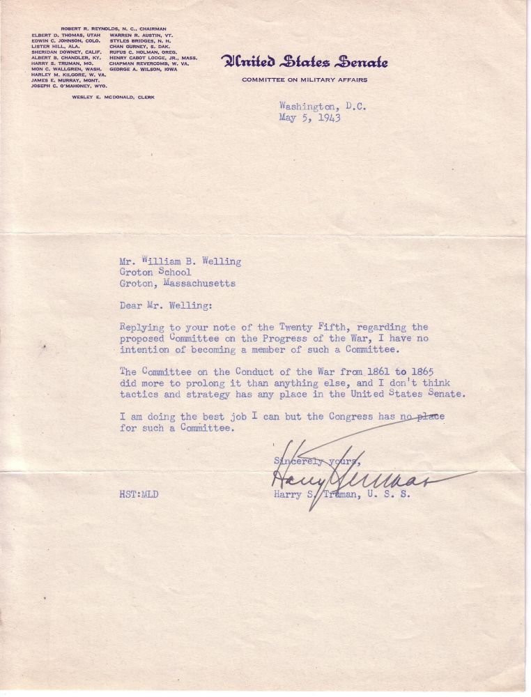 Appraisal: TRUMAN HARRY S Typed Letter Signed as Senator to William