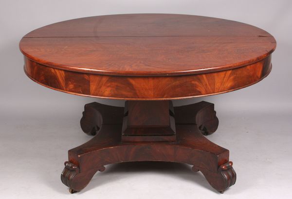 Appraisal: Center pedestal dining table figured mahogany h x diam Some