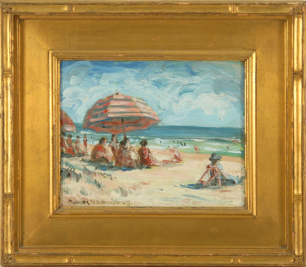 Appraisal: CHARLES HERBERT WOODBURYAmerican - Beach scene with umbrellas Signed lower