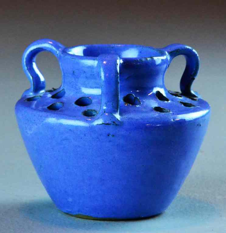 Appraisal: Bybee Pottery- Flower FrogCornflower blue urn-shaped with three handles and