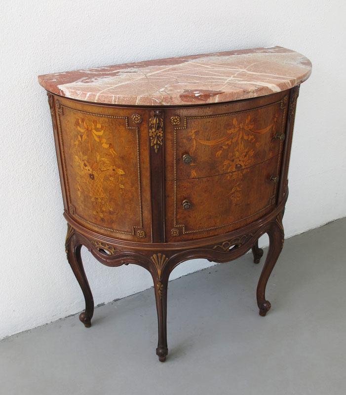 Appraisal: MARBLE TOP MARQUETRY COMMODE Rust and pink variegated marble top