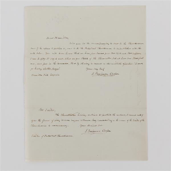 Appraisal: James Fenimore Cooper double signed handwritten letter to Hamilton Fish