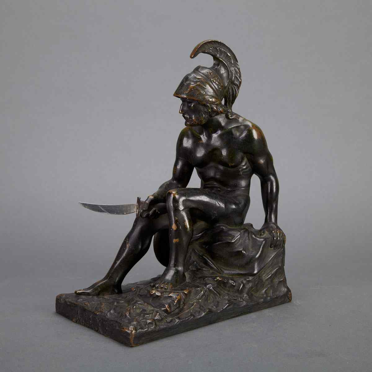 Appraisal: French Bronze Figure of a Seated Classical Greek Warrior th