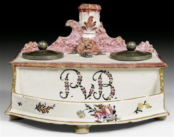 Appraisal: FAIENCE WRITING SET GLINITZ CIRCA With integrated candle holder tin