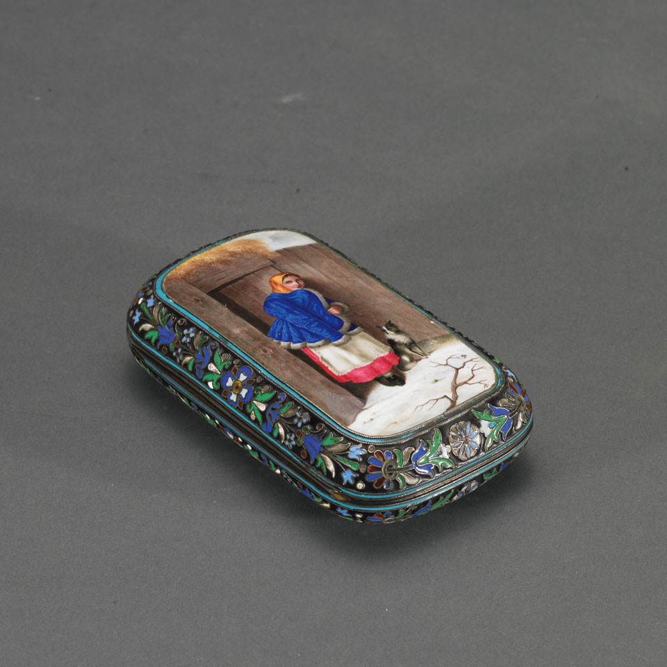 Appraisal: Russian Painted and Cloisonn Enamel Decorated Silver-Gilt Cheroot Case Pavel