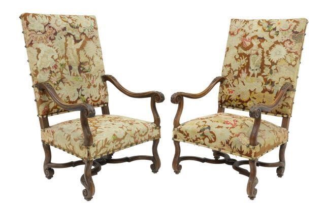 Appraisal: pair French Louis XIV style highback armchairs th c having