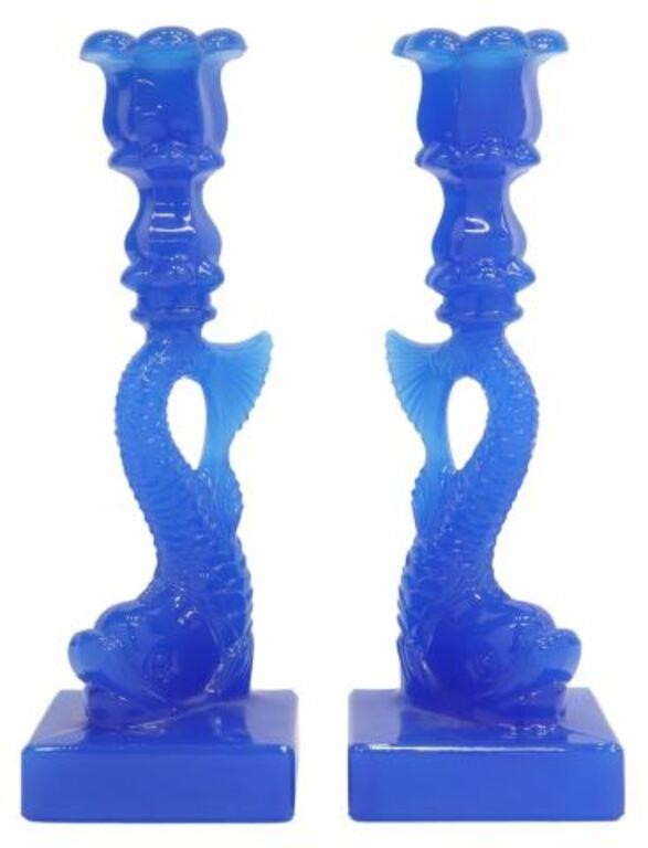 Appraisal: pair American blue glass figural candlesticks MMA Metropolitan Museum of