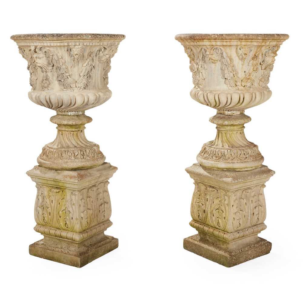 Appraisal: PAIR OF COMPOSITION STONE URNS AND PEDESTALS TH CENTURY cast