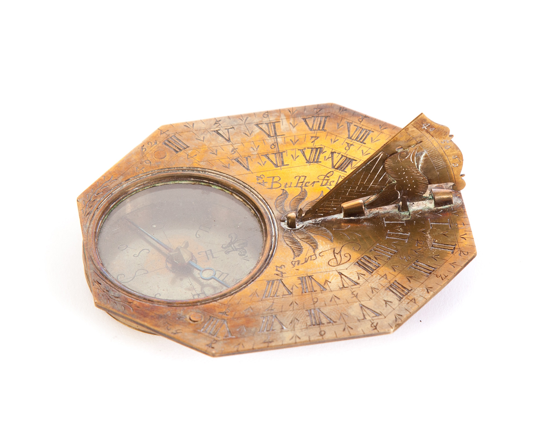 Appraisal: EUROPEAN BRASS COMPASS SUNDIAL Eighteenth-early th century Travelling compass with