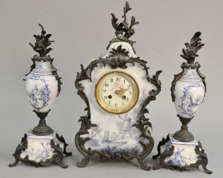 Appraisal: Delft style blue and white three piece clock set with