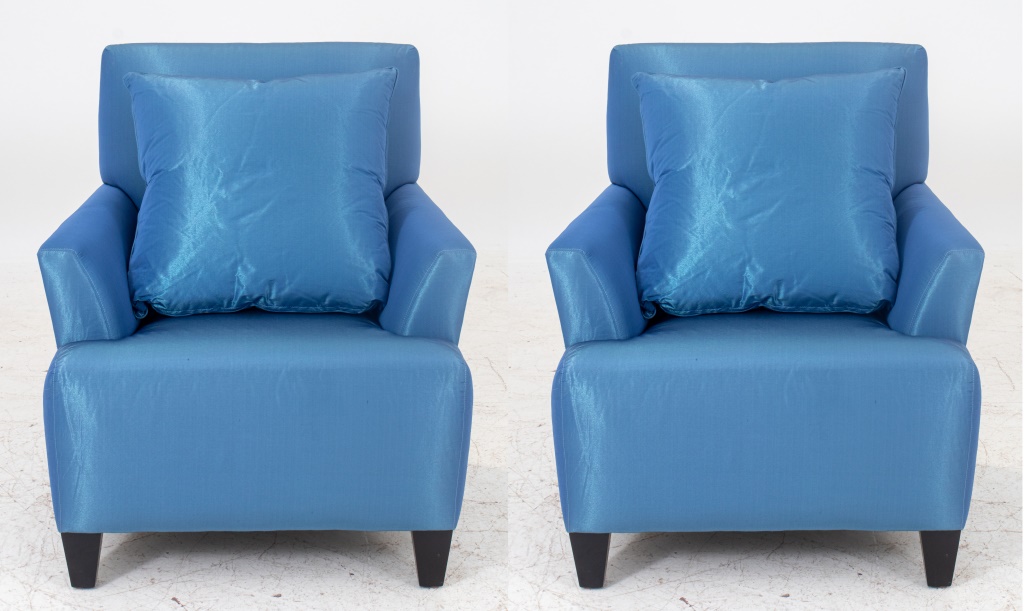 Appraisal: DAKOTA JACKSON STYLE UPHOLSTERED ARMCHAIRS Modern iridescent blue upholstered arm