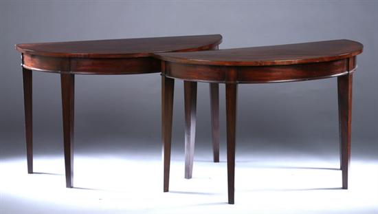 Appraisal: PAIR GEORGE III STYLE MAHOGANY DEMI-LUNE CONSOLE TABLES th century