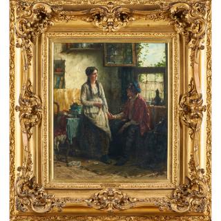 Appraisal: EDWARD PORTIELJE Belgian Untitled interior scene with couple Oil on