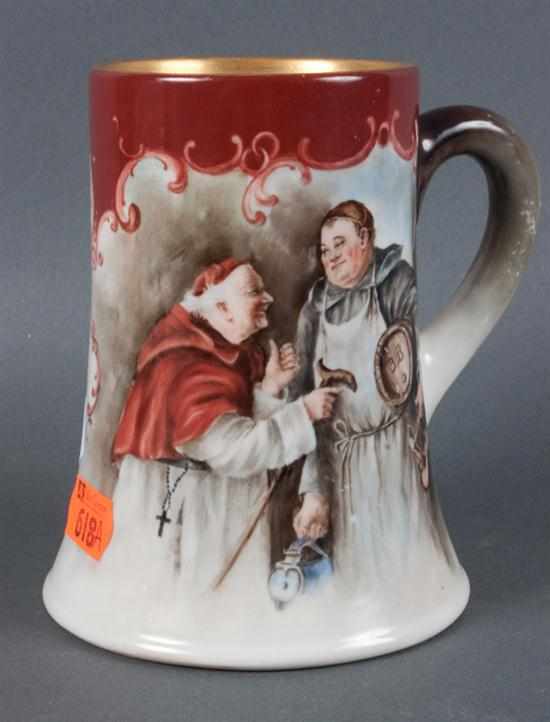 Appraisal: American Belleek porcelain tankard with painted monk and grapevine decoration