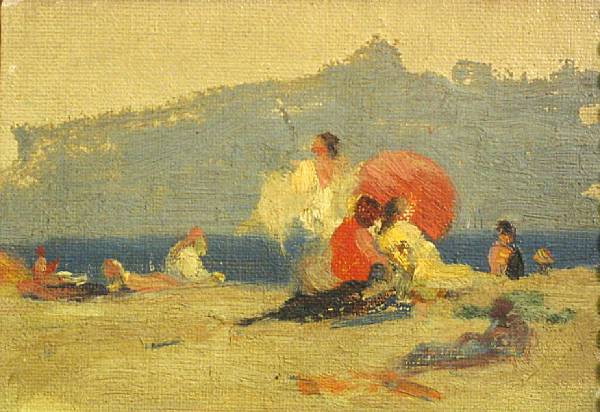 Appraisal: American School th century A day at the beach oil