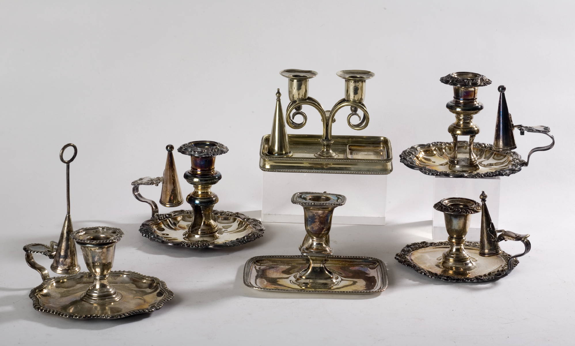 Appraisal: SIX ENGLISH SILVERPLATE CHAMBER STICKS INCLUDING AN UNUSUAL DOUBLE EXAMPLE