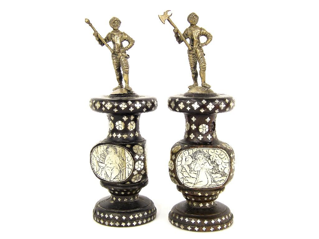 Appraisal: Pair of interesting small hardwood pedestals the triform columns inlaid