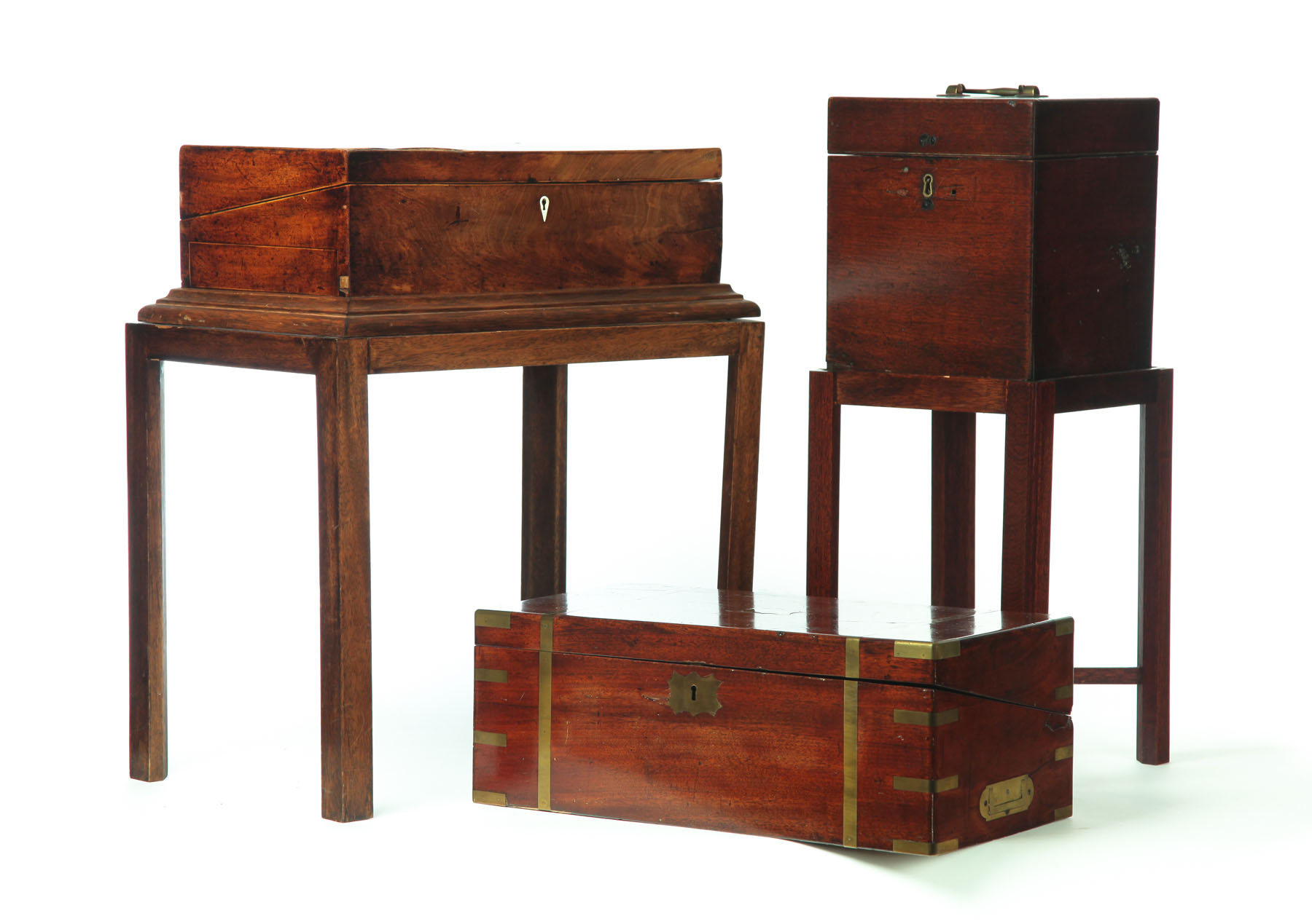 Appraisal: TWO TABLE TOP DESKS AND A DECANTER CASE England th