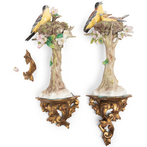 Appraisal: A Pair of Sitzendorf Porcelain Models of Birds with Giltwood