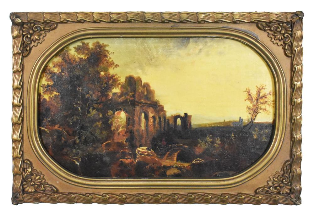 Appraisal: CONTINENTAL SCHOOL th Century Landscape with Antico Ruins Oil on