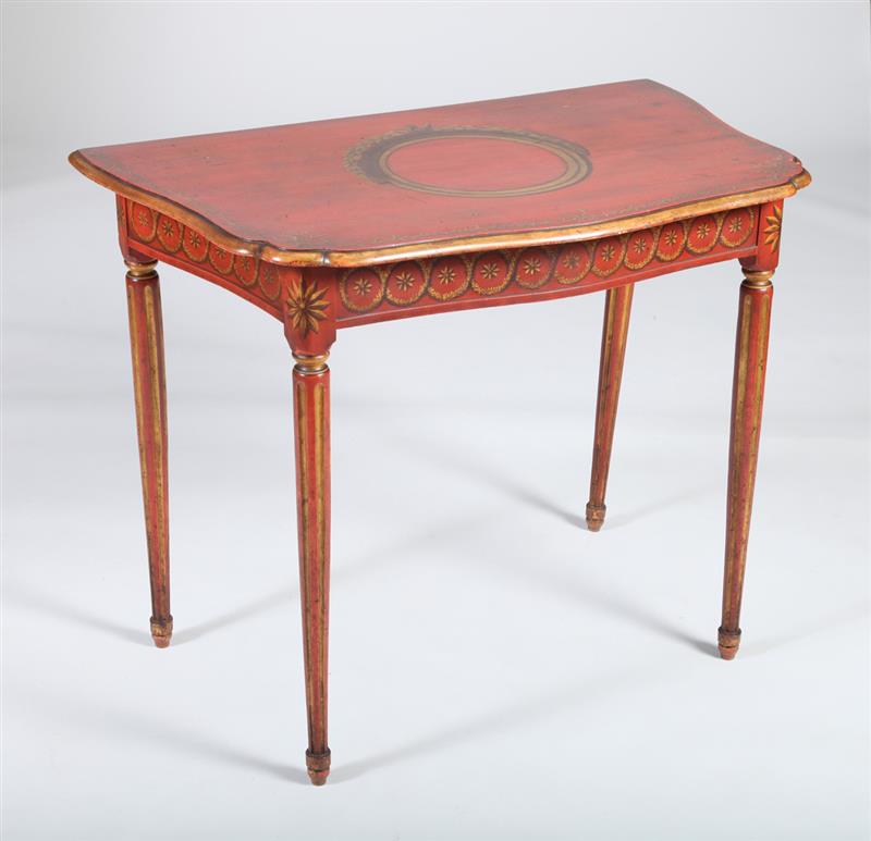 Appraisal: ITALIAN NEOCLASSICAL RED-PAINTED AND PARCEL-GILT CONSOLE TABLE The serpentine-shaped top