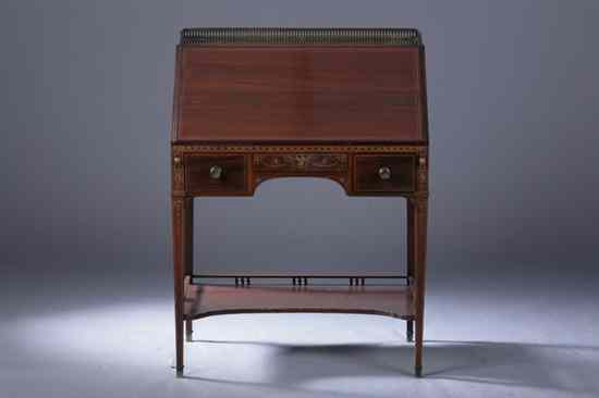 Appraisal: GEORGE III STYLE MAHOGANY SLANT-FRONT DESK Gilt-metal gallery Fitted interior