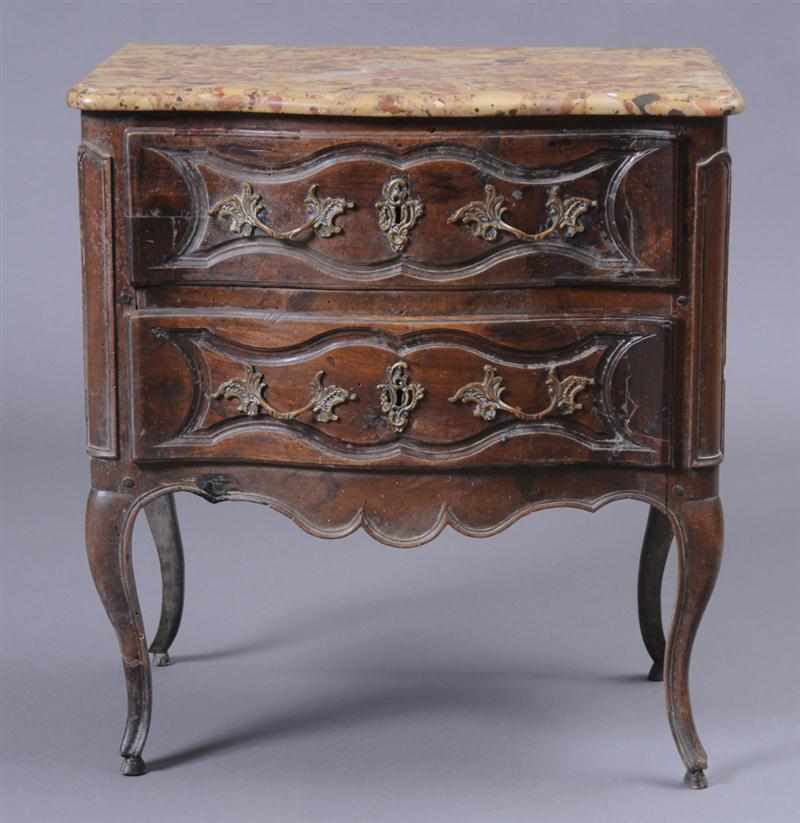 Appraisal: LOUIS XV PROVINCIAL CARVED WALNUT PETIT COMMODE The serpentine-fronted marble