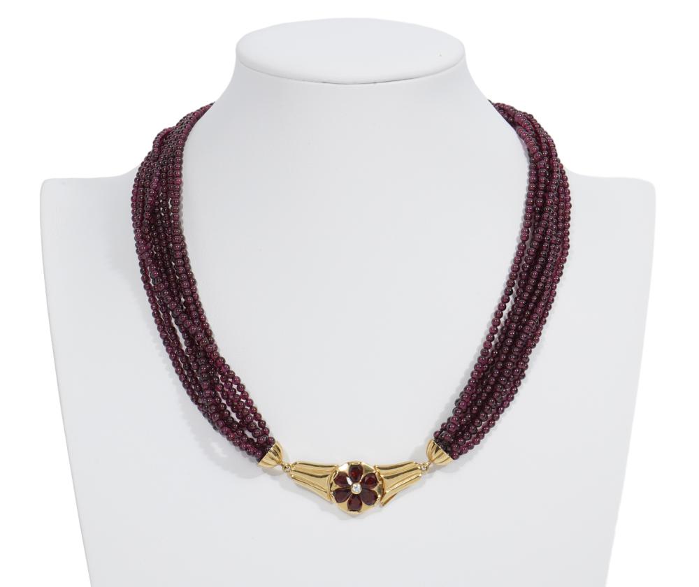 Appraisal: K YG ITALIAN DIAMOND GARNET BEAD NECKLACE K Italian yellow