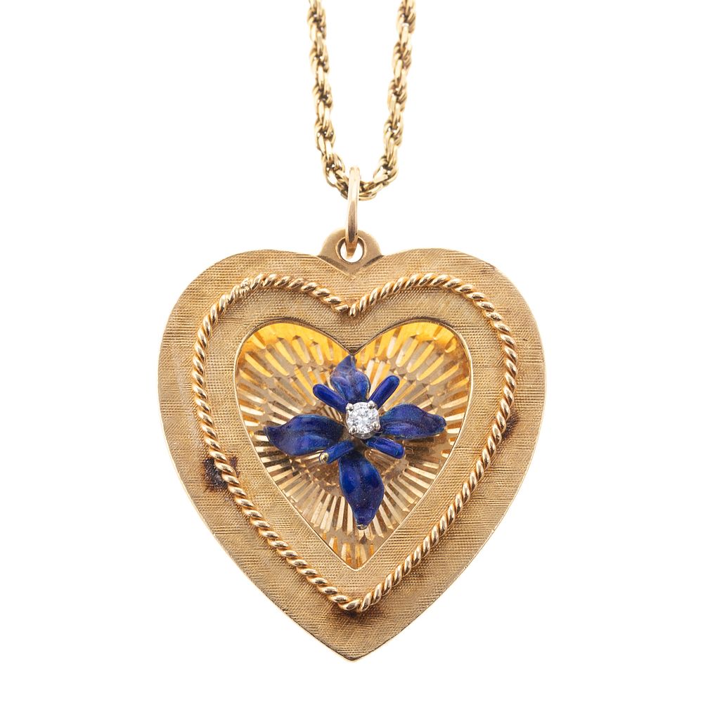 Appraisal: An Enamel Diamond Heart Pendant Chain in K K yellow